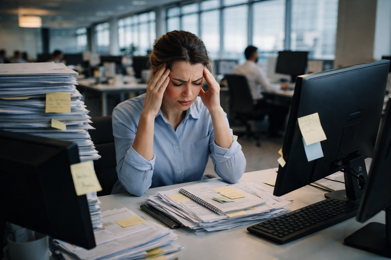 Profissional preocupada em ambiente de trabalho